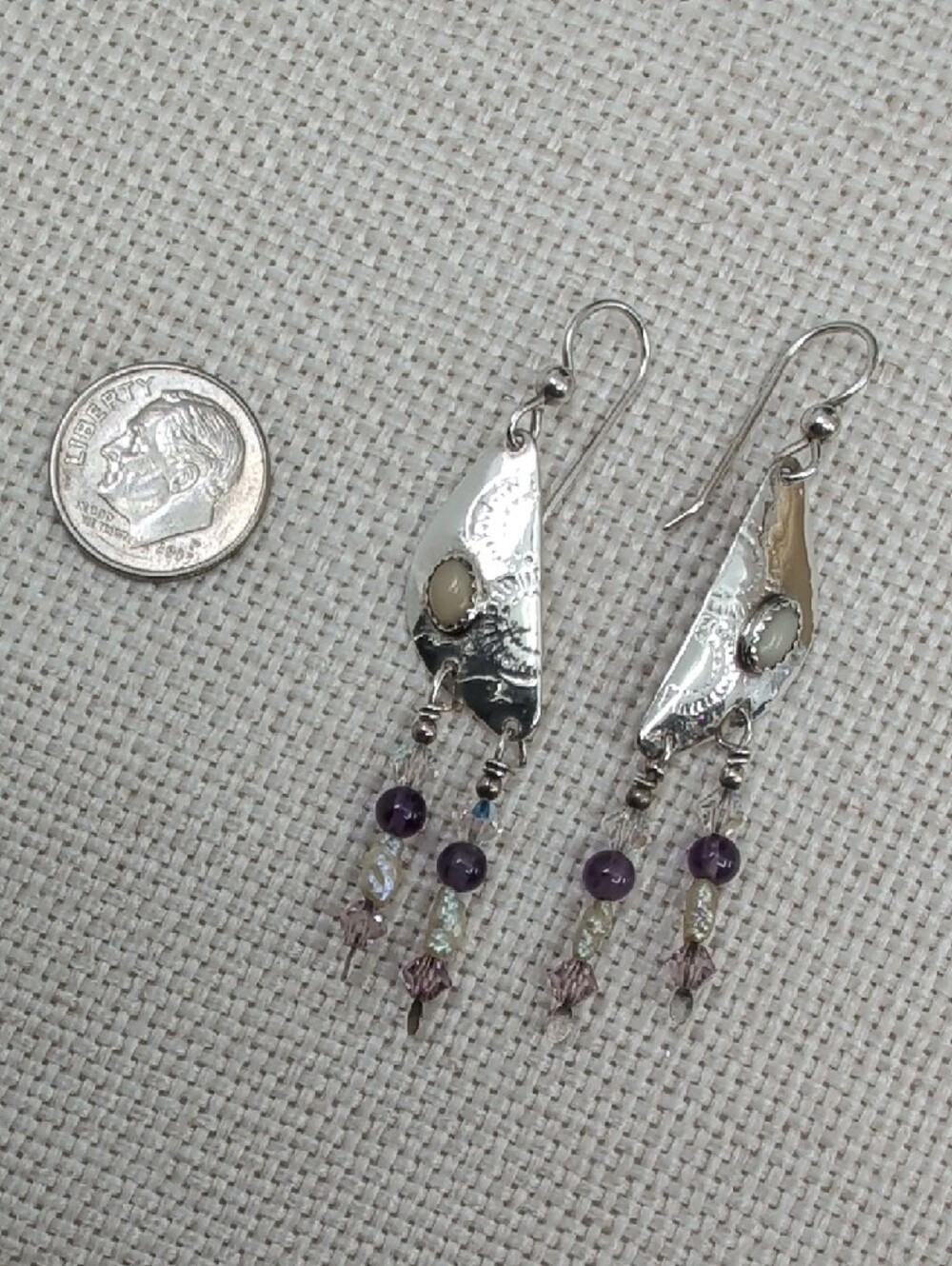 Vintage Hand Hammered Sterling Silver Amethyst Pearl Dangle Earrings - Picture 8 of 17